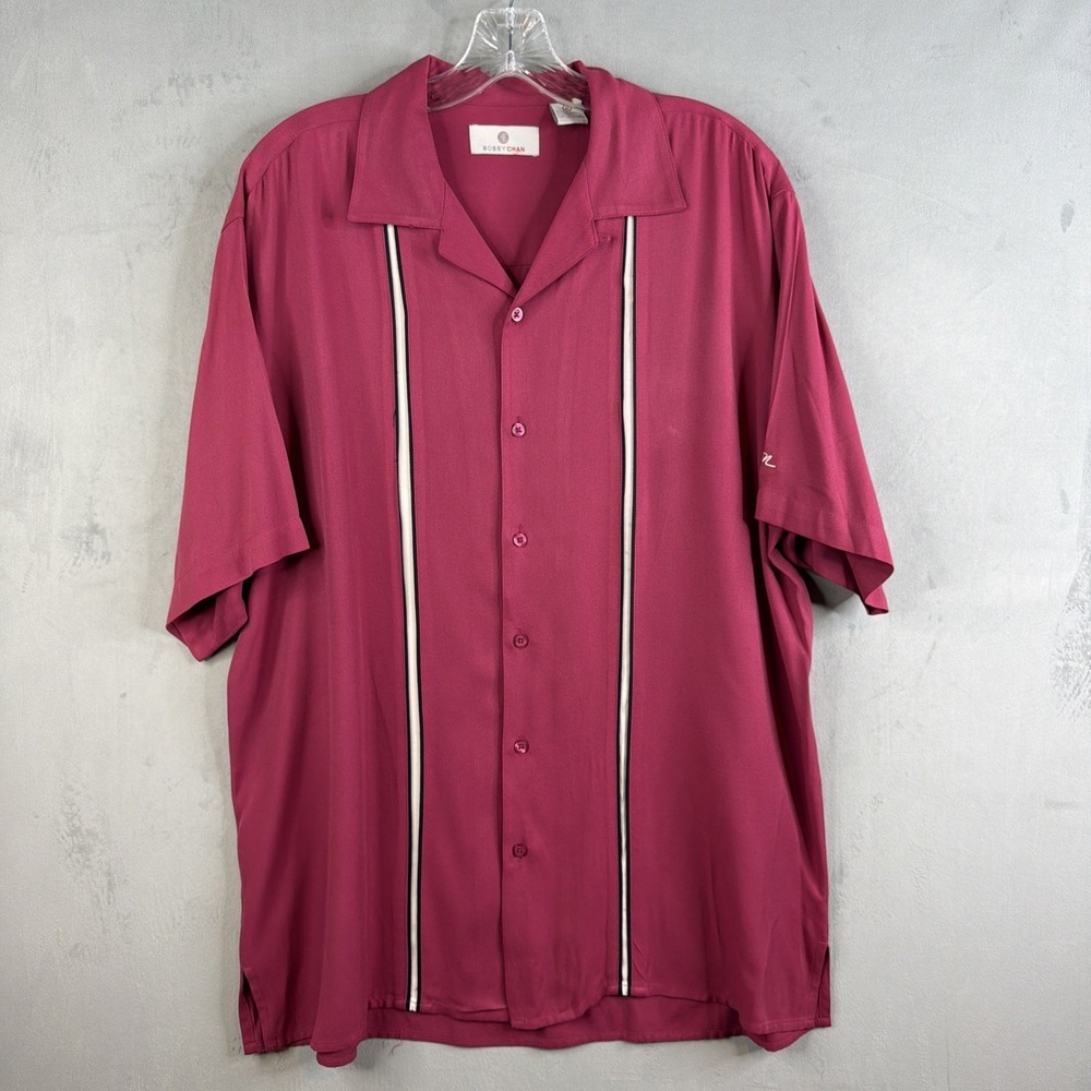 Bobby Chan  Barrett-Jackson Silk Camp Shirt Mens M Red Bowling Stripe